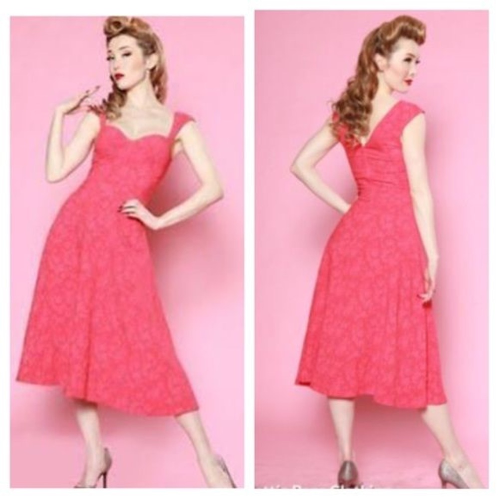 Bettie Page Queen of Pinups Brocade Coral Dress